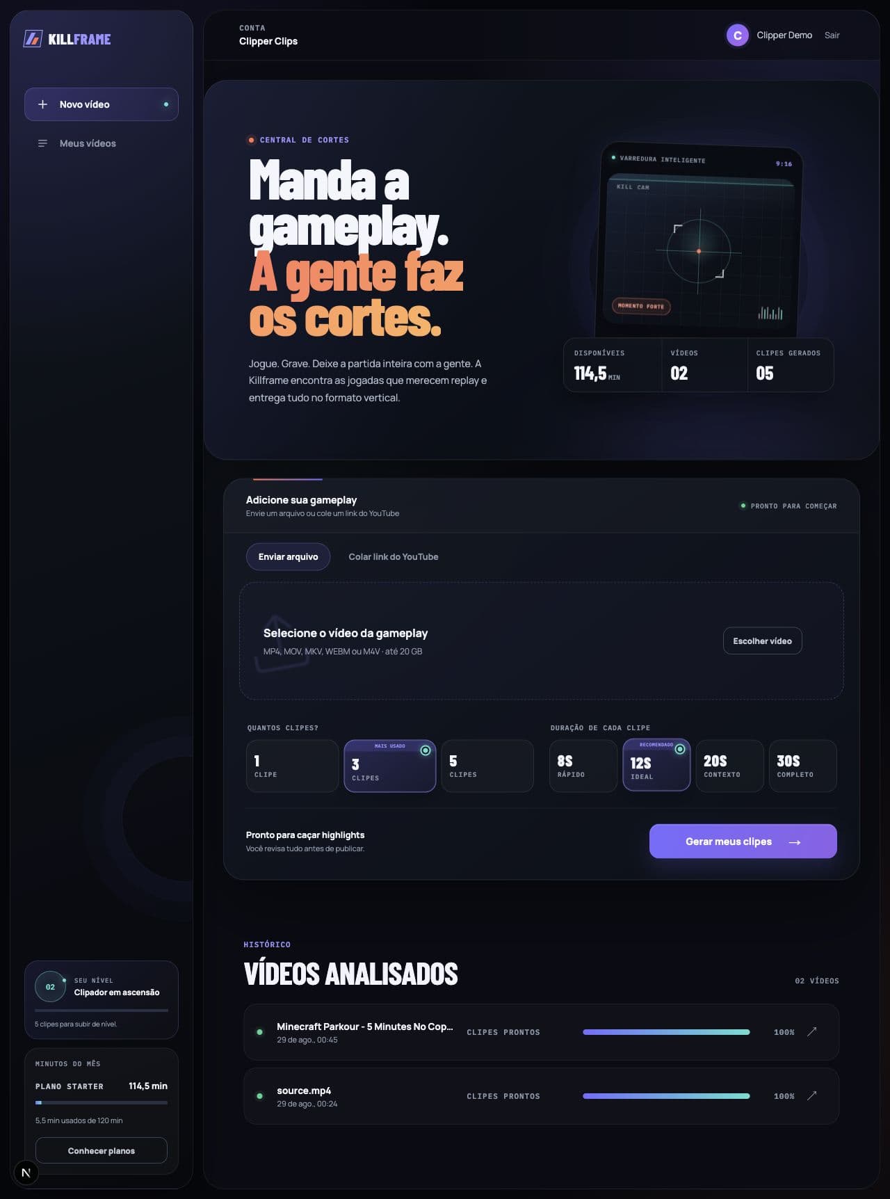 Dashboard da Killframe para importar gameplay, analisar momentos e editar clipes